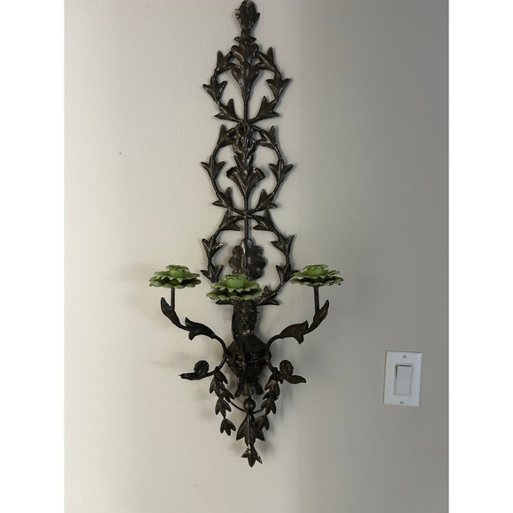 Other - Antique Wrought Iron Wall Sconce Candelabra Green Flower Leaf Ornate Dark
